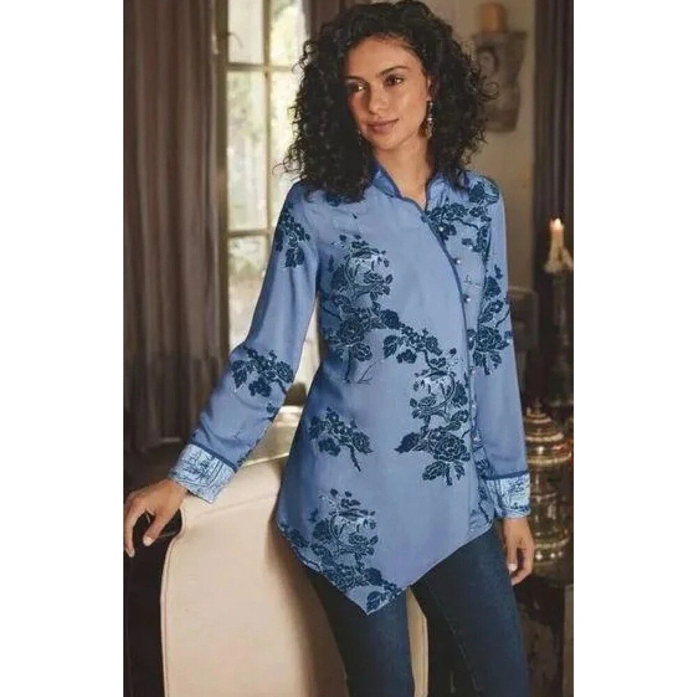 Soft Surroundings Kimono Tunic Blouse Blue Floral Asymmetric Lagenlook Boho